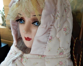 1940's Quilted Baby Bonnet/ Floral Design/ Snap Closure/ Peplum Collar