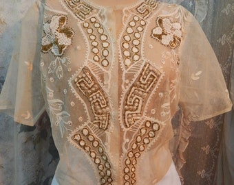 Vintage Short Sleeve Netted Top/ Beads & Faux Pearls/ Embroidered Appliques/ Gold Glass Tube Beads