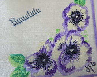 Vintage Silk Honolulu Hankie/ Purple Pansies/ Aloha Verse