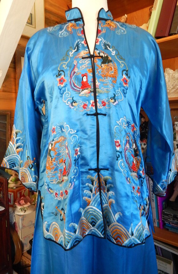 1920's Embroidered Blue Silk Pajamas/ Made in China/ … Gem