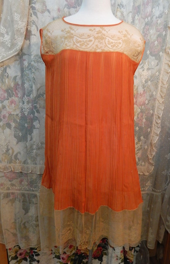 Vintage Deco Sheath Dress/ Lace Bodice and Hemline/ Flapper Style/ Large/ Coral Color Vintage Deco Sheath Dress/ Lace Bodice and Hemline/ Flapper Style/ Large/ Coral Color