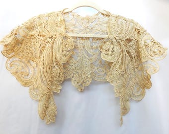 Antique Edwardian Battenberg Tape Lace Collar/ Ecru Capelet Bertha Collar/ 1900 -1910