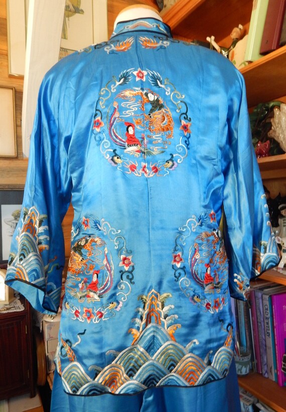 1920's Embroidered Blue Silk Pajamas/ Made in China/ … Gem