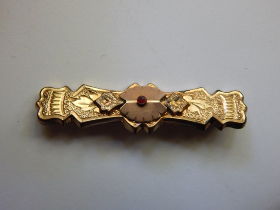 Victorian Bar Pin - Gold Plated - Garnet Center -… - image 3
