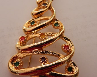 Happy Holiday Gold Tone Christmas Tree Pin