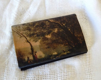 Black Satin Mini Wallet/ Vintage Scene/ 1960's Decorative Wallet/ Never Used