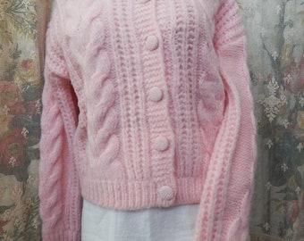 Long Sleeve Pink Faux Mohair Cardigan/ Cable Design/ HYFVE/ Size Small/ Never Worn