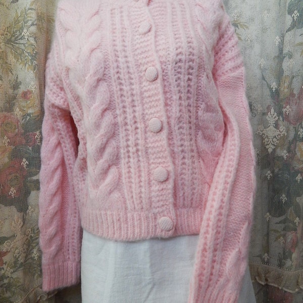 Long Sleeve Pink Faux Mohair Cardigan/ Cable Design/ HYFVE/ Size Small/ Never Worn