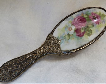 Vintage Plated Brush with Painted Porcelain Front/ Roses/ Floral Design/ 1910-1915