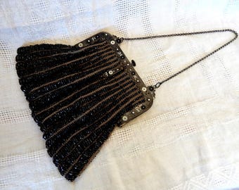 Knitted Handbag with Black Seed Beads/ Chain Handle/ Enameled Detail on Frame
