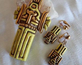 1940's - 50's Painted Ceramic Ethnic Mask Pin and Earring Set - Vintage Jewelry - Rare