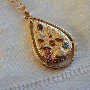 Sarah Coventry Gold Tone Teardrop Pendant/ Colored Rhinestones/ Gold Filled Chain