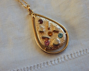 Sarah Coventry Gold Tone Teardrop Pendant/ Colored Rhinestones/ Gold Filled Chain
