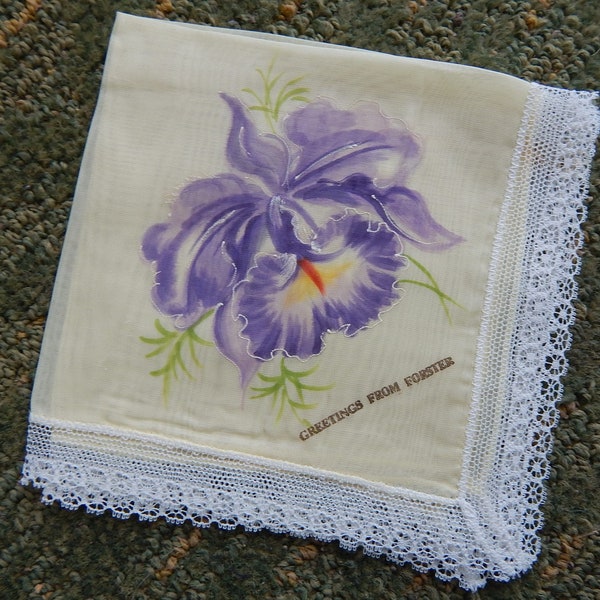 Hand painted Violet Handkerchief from Forster/ Lace Trim/ 10x10