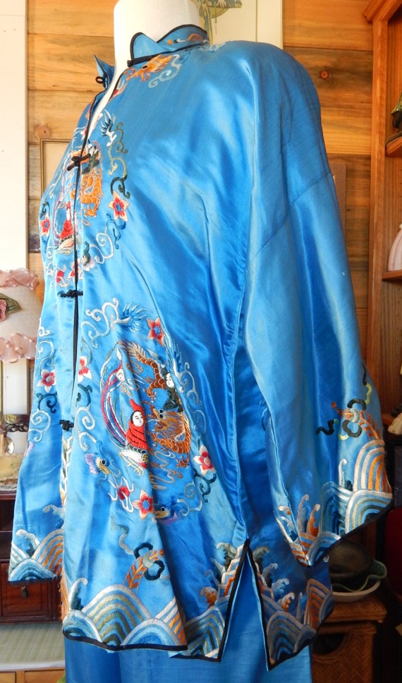 1920's Embroidered Blue Silk Pajamas/ Made in China/ … Gem