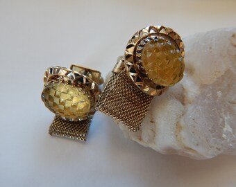 1960's Glass and Mesh Wrap Around Cuff Links/ Gold Plated/ Men's Vintage Accessories/ Man Men Cuff Links