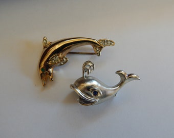 Under the Sea Whale and Dolphin Pins/ Rhinestone Accents/ Vintage Brooches