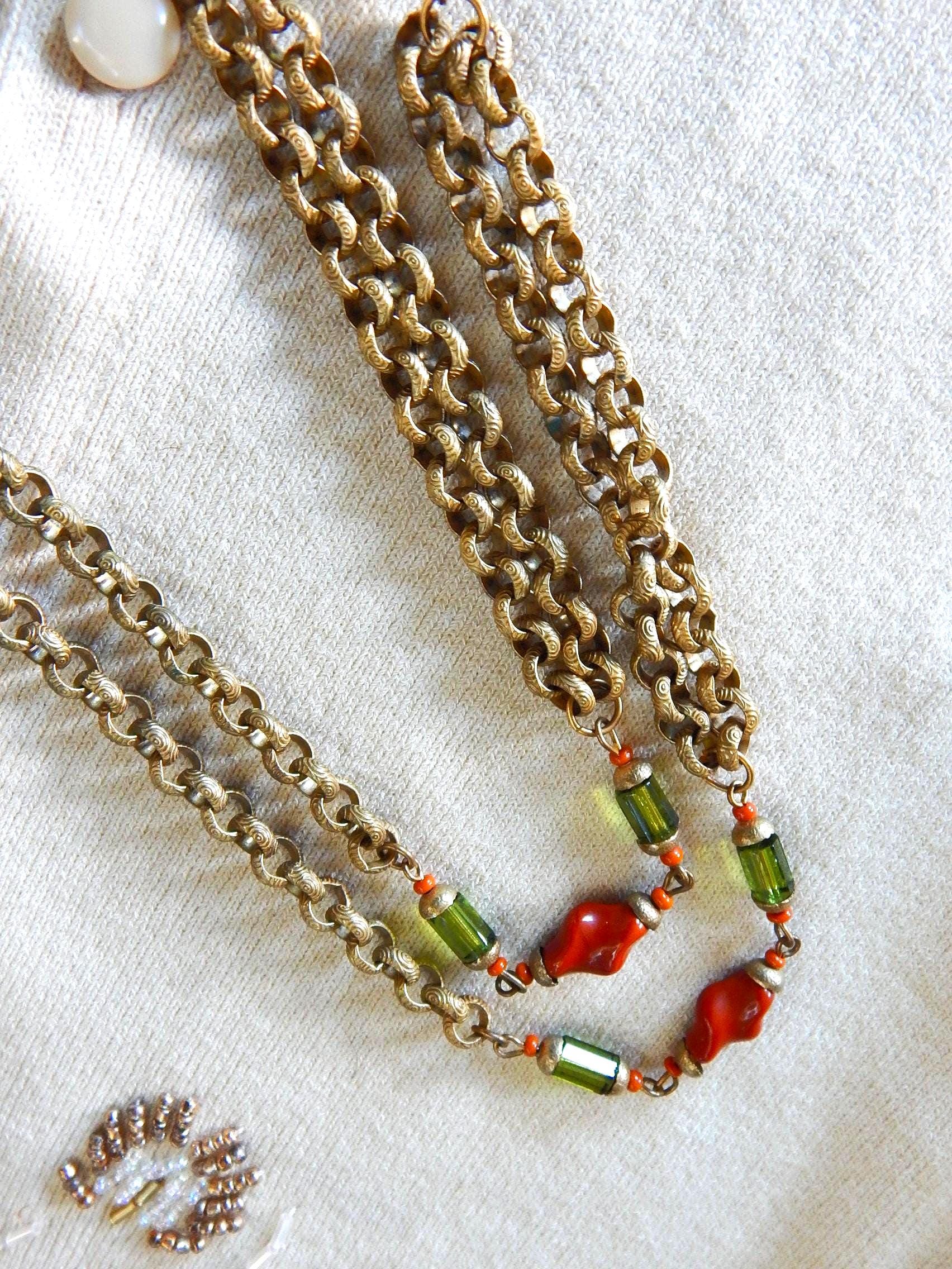 Vintage Miriam Haskell Boho Chain Necklace/ Coral & Glass Beads/ Jeweled Clasp