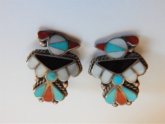 Intricate Vintage Zuni Native American Turquoise Coral Sterling Silver Earrings Intricate Vintage Zuni Native American Turquoise Coral Sterling Silver Earrings