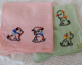 Pink and Green Puppy Hankies/ Vintage Hankies/ Embroidered Hankies