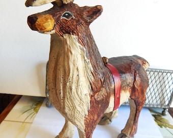Vintage 1989 House of Hatten Reindeer Figurine/ Rustic Folk Art Christmas Deer/ Holiday Decor
