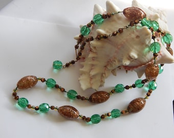 Striking Glass Copper Beading and Crystal Necklace - Hand Knotted - Vintage Jewelry - Handblown Oval Beads