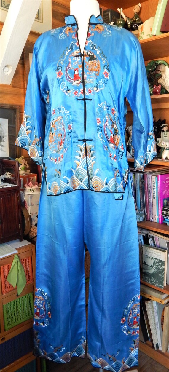 1920's Embroidered Blue Silk Pajamas/ Made in China/ … Gem