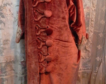 Remarkable Silk Lined Rust Velour Coat/ Lace Trim/ Large Covered Buttons/ Circa 1915-1920