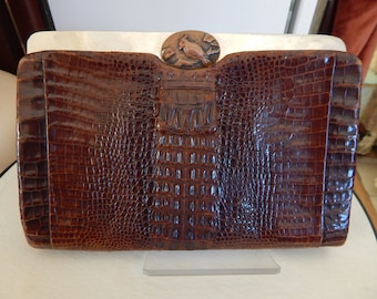 1940's Alligator Clutch Handbag/ Hornback/ Metal Bird Clasp/ Chrome Frame/ 5x8 Inches