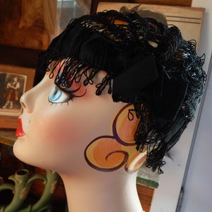 Rare Black Woven Boudoir Bonnet/ Victorian/ Silk Ribbon
