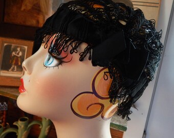 Rare Black Woven Boudoir Bonnet/ Victorian/ Silk Ribbon