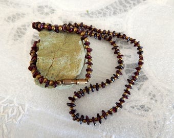 Garnet Chip Necklace - Brass Beads - 24 Inches - Vintage Necklaces - Gemstones