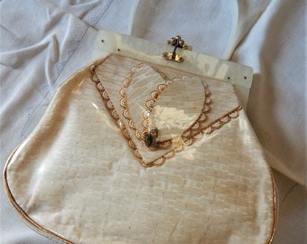 1950's Florida Handbag of Miami / White Lucite Handle and Frame/ Clear Plastic Cover/ Gold Trim