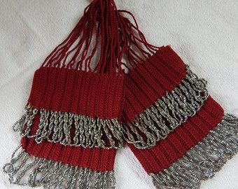Burgundy Knit Miser's Bag/ Cut Steel Tassels/ Finger Ring