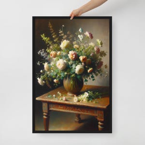 Floral Still Life Framed Canvas Art: Vintage Flower Bouquet Painting