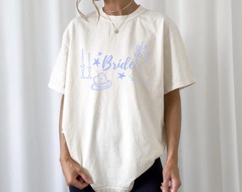 Bride T-Shirt, Light Blue Wedding Doodles, Bridal Party Tee