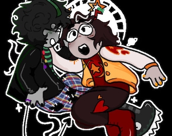 May include: Two cartoon characters, one with green hair and a black jacket, the other with brown hair and a yellow jacket, are facing each other with their mouths open. The character with green hair has a tail. The background is black with white stars and a white circle.