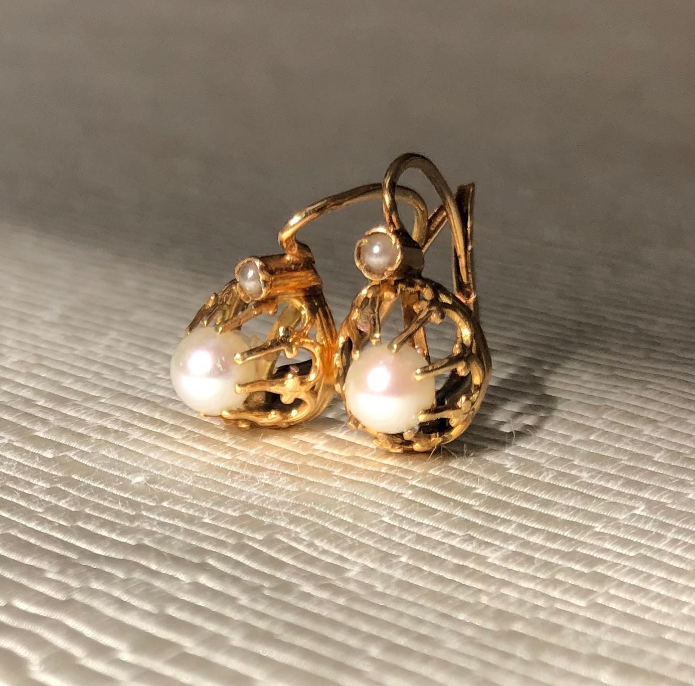 18ct Gold French Belle Epoque Pearl Dormeuse Earrings Postage