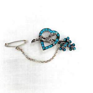 Antique Silver Turquoise and Seed Pearl Heart Brooch with Flowers