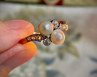 Antique Diamond and Pearl Toi & Moi Ring in 18ct Rose Gold