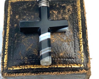 Antique Black and White Banded Agate Cross with Silver Decorative Capped Top