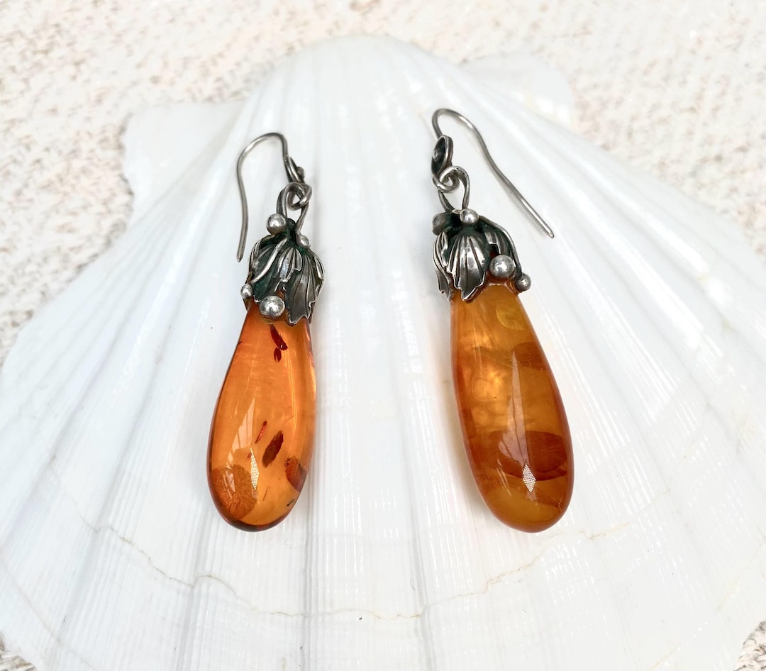 Boucles D'oreilles Vintage Soviétiques En Ambre Baltique Authentique - Bijou Estampillé, Occasion