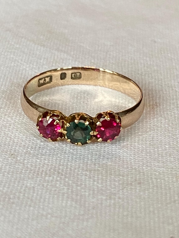Antique  Ruby and Green Paste Trilogy Ring set in… - image 1