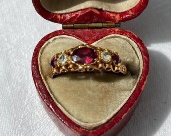 Antique 9ct Rose Gold Ring with Garnets and Chysoberyls,  Size UK O.5, resizeable