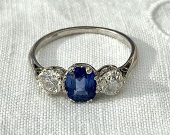 Antique Edwardian Sapphire and Diamond Trilogy Ring in Platinum, size UK M, US 6 1/4 sizeable