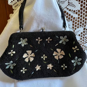 Vintage 1960s Richere Beaded Floral Evening Bag – Japan, Hand Made, Embroidered, Satin Lined