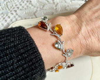 Vintage Multi-Gemstone Style Vine Bracelet, Amber and Aquamarine Glass, Adjustable 7.75 to 8.75 Inch