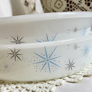 Vintage Glasbake Milk Glass Starburst Casserole Dish Set of 2, Atomic MCM Blue Turquoise (J-2429)