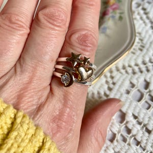 Vintage Silver Tone Stackable Ring Set – Size 10 – Heart, Star & Moon Celestial Rings