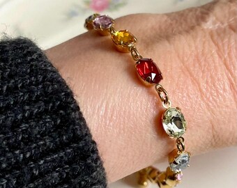 Vintage Rainbow Crystal Bracelet Gold Tone | Y2K Dainty Colorful Gem Link